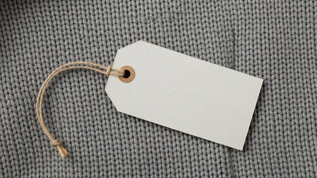 Close-up of a blank white clothing tag with a string, resting on a textured gray knit fabric. Ready for your design or text.