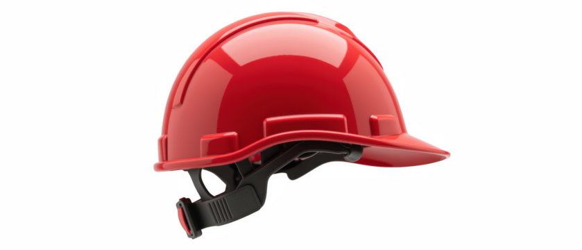 Red safety helmet, protective gear for construction, durable material, hard hat design, side view, industrial safety equipment, essential
