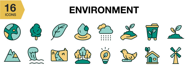 Environment flat icon set. Includes nature, earth, green, eco, climate, and More. Flat icons vector collection.