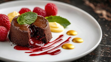 Raspberry coulis plating decorates premium chocolate cake featuring fresh raspberries, mint garnish and golden sauce hemispheres in fine dining presentation