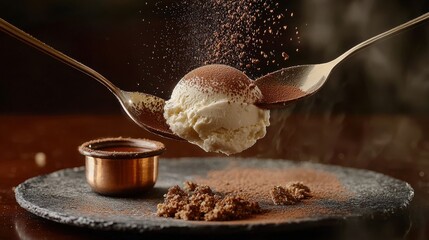 Semifreddo scoop shaping demonstration shows expert quenelle formation between silver spoons with cocoa powder dusting, chocolate pieces, and copper vessel on textured dark plate