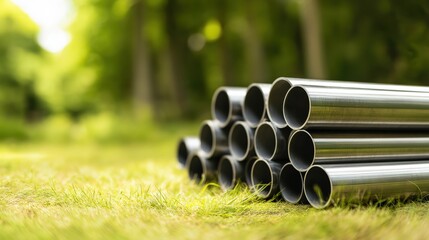 Stainless Steel Pipes on Grassy Ground – Sunlit Tubes with Blurred Forest Background in Green Environment

