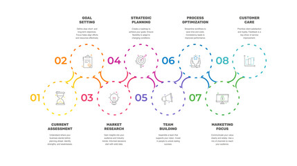 Vector infographic design template. Modern timeline concept with 8 steps, circles. Vector illustration used for diagram, workflow layout, banner, webdesign