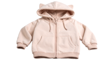 Stylish pastel pink cat hoodie neatly folded, cozy pet clothing on white background.