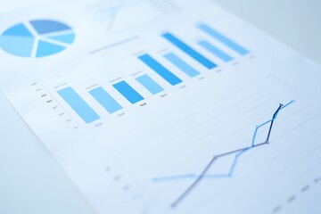 Close up of a financial report with a pie chart and bar graphs showing upward trends and data analysis on a white background