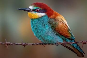 Fototapeta premium European Bee-eater Sits on a Branch Exhibiting Colorful Plumage Against Soft Green Background