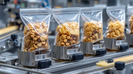 Filling machine distributing cereal into sealed plastic pouches