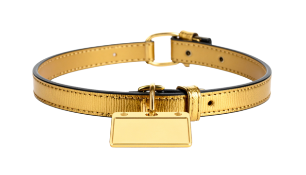 Luxurious gold cat collar with metallic name tag, isolated on white, elegant pet accessory.