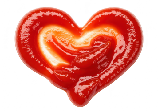 A heart shape made of ketchup, symbolizing love for food, isolated on a transparent background