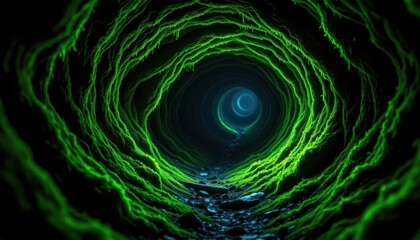 Naklejka premium High intrigue vanished forests concept. Abstract view of a swirling tunnel with vibrant green and blue hues.