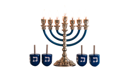 Menorah with lit candles and dreidels blue gold