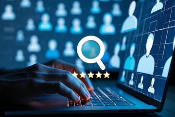 Hands typing on a laptop keyboard with a glowing search icon and star ratings representing online search and customer feedback in a digital network of people
