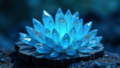 Blue crystal formation glowing in the dark, artistic composition