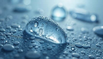 Water droplets on a smooth surface, macro photography with cool tones