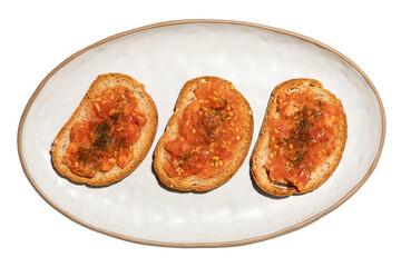 Top view of tomato toast traditional Spanish food no background cutout