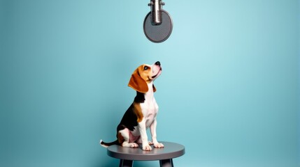 Fototapeta premium Curious Beagle Puppy Stares Up at a Vintage Microphone on a Bright Blue Background, Ready to Record Its First Woof or Howl in the Studio Spotlight