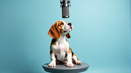 Curious Beagle Puppy Stares Up at a Vintage Microphone on a Bright Blue Background, Ready to Record Its First Woof or Howl in the Studio Spotlight
