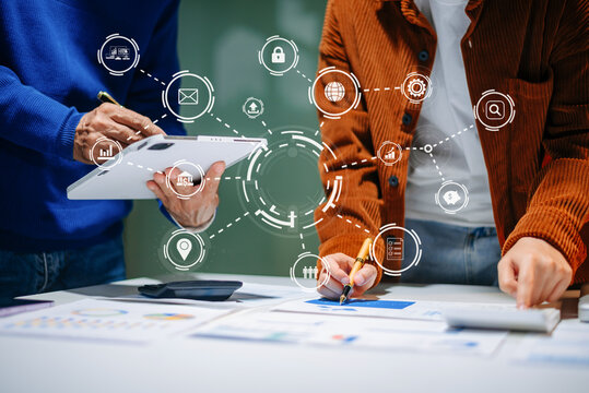 Business team partnership meeting concept. Business hand using laptop, tablet and smartphone  in office. Digital marketing media mobile app