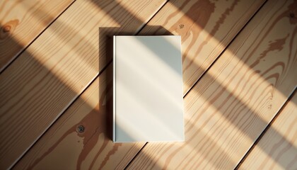Blank notebook lying on wooden floor with light shadows, minimalist style