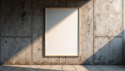 Empty framed poster on a concrete wall with light and shadow, modern interior
