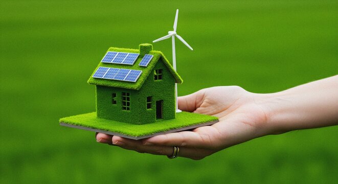 Environmentally Friendly Green House Equipped with Solar Panels and Wind Turbine