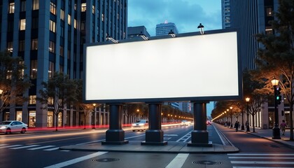 Blank billboard on a city street at dusk, urban advertising space