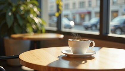 Steaming coffee cup on a wooden table in a cozy café, inviting atmosphere