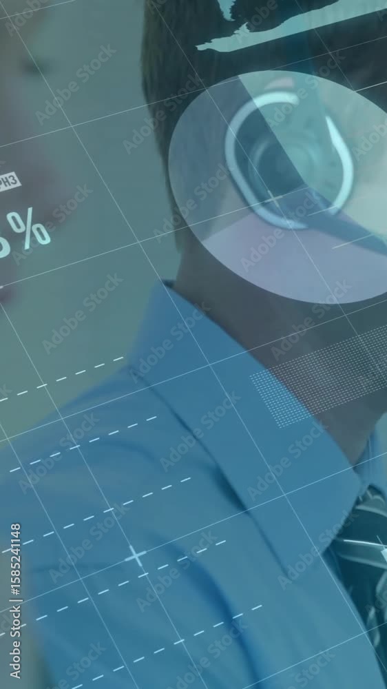 Poster animation of financial data processing over diverse colleagues using phone headsets and computers