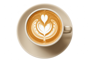 A topdown view of a latte coffee with heartshaped art in the foam, isolated on a transparent background