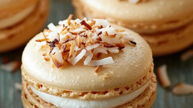 A colorful stack of macarons topped with shredded coconut, great for food and dessert photography