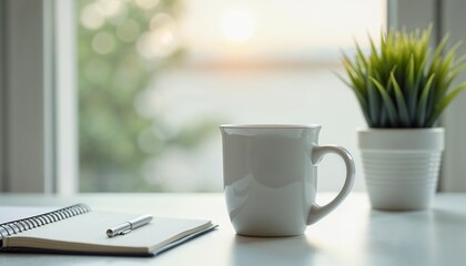 White coffee mug beside a notebook and pen with a plant in a sunlit setting
