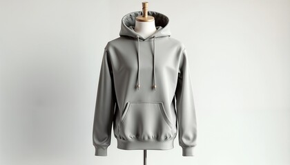 Gray hoodie displayed on a mannequin, casual fashion apparel 