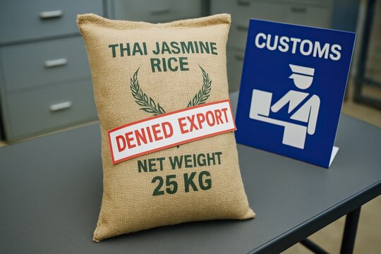 A tariff dispute can strain international trade relations. A sack of Thai Jasmine Rice is placed on a table next to a customs sign, indicating a restriction on rice export.