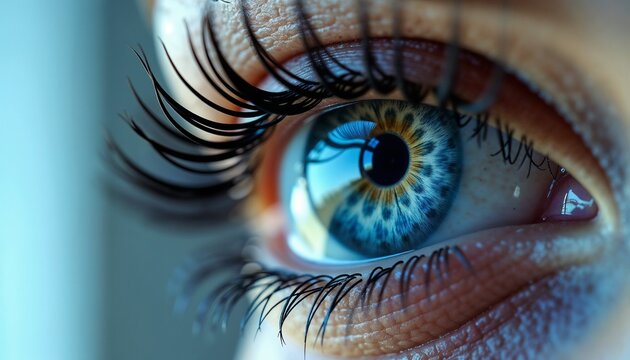 Extreme close-up of a human eye showcasing a vivid blue and orange iris, long eyelashes - Powered by Adobe