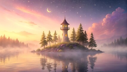Fototapeta premium Fairy tale tower on misty island at twilight with crescent moon and stars