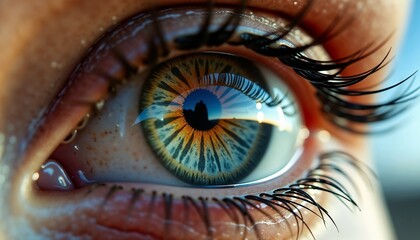 Extreme close-up of a human eye revealing a vibrant blue and yellow iris, detailed eyelashes