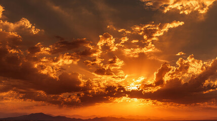 Obraz premium A golden sunset fills the sky with glowing clouds, casting a dramatic and vibrant light across the evening landscape