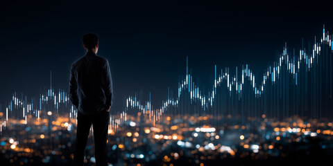 Businessman analyzing ai data processing trends in urban environment at night