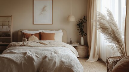 Beige bedroom with pampas grass and neutral color scheme