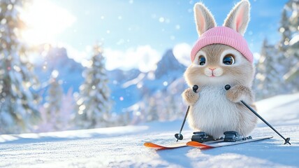 Playful covered skiing downhill, wearing cozy pink knit hat amid snow bunny winter woodland landscape