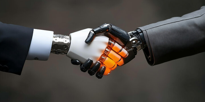 Businessman collaborates with artificial intelligence for data processing modern office digital environment innovative concept