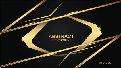 Modern abstract background featuring a bold gold geometric frame and dynamic gold accents on a dark black surface.