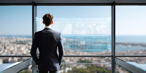 Businessman analyzing data processing with artificial intelligence modern office city view futuristic environment