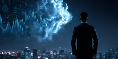 Businessman analyzing artificial intelligence data processing in urban landscape at night