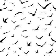 Flock of flying silhouette birds. Birds seamless pattern. White seagulls on a blue background. Vector