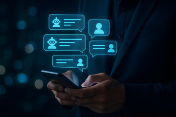 Man using smartphone with chatbot and human communication icons overlayed