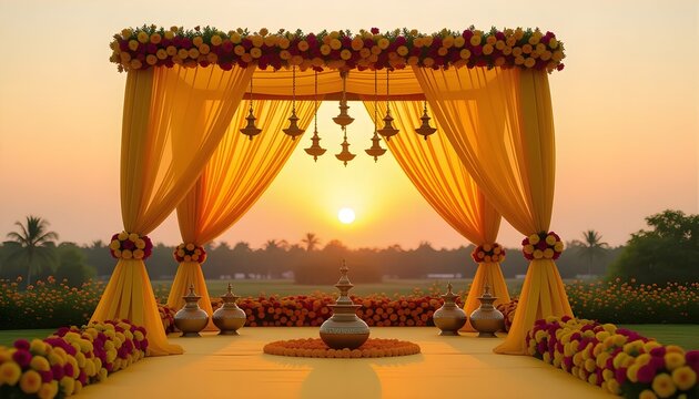 Stage decorated in warm sunset hues with yellow and orange drapes, brass diyas, and fresh flowers