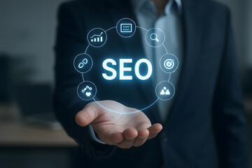 Businessman presenting SEO concept with icons on his hand in a digital display