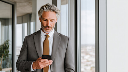Businessman analyzing ai data processing trends in modern office environment highlighting technology integration