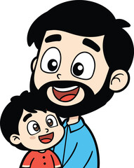 Joyful father with beard holding his happy son with black hair and big eyes cartoon illustration isolated on transparent background